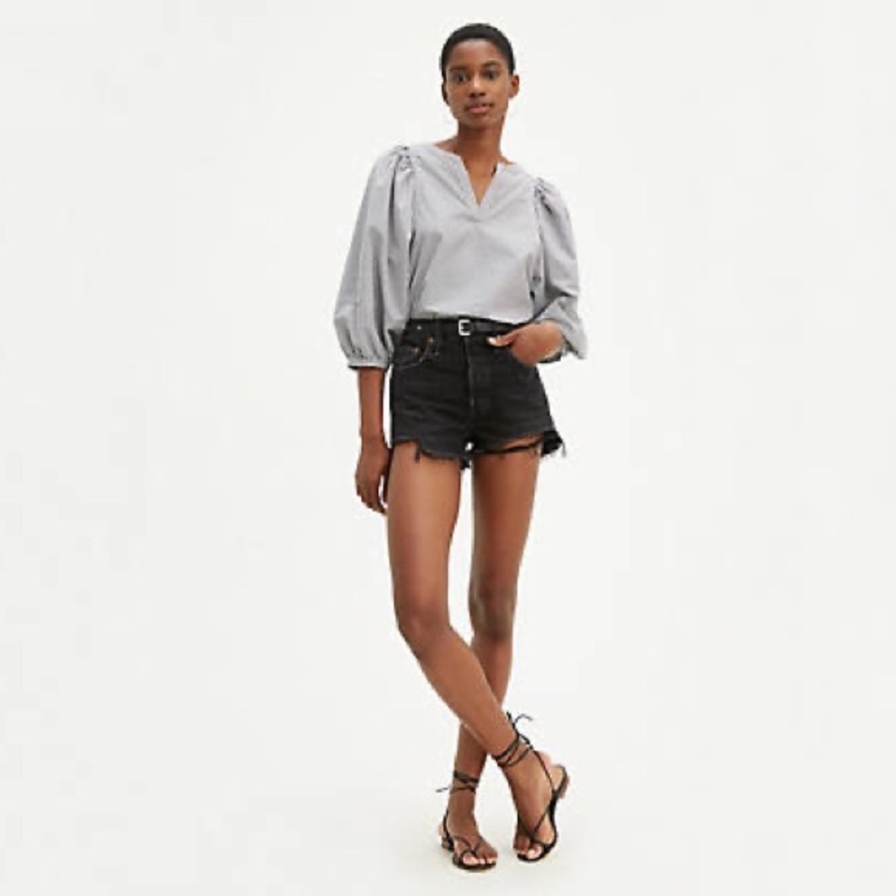 LEVI’S DISTRESSED BLACK DENIM SHORTS WITH 6 BUTTON FLY SIZE 32